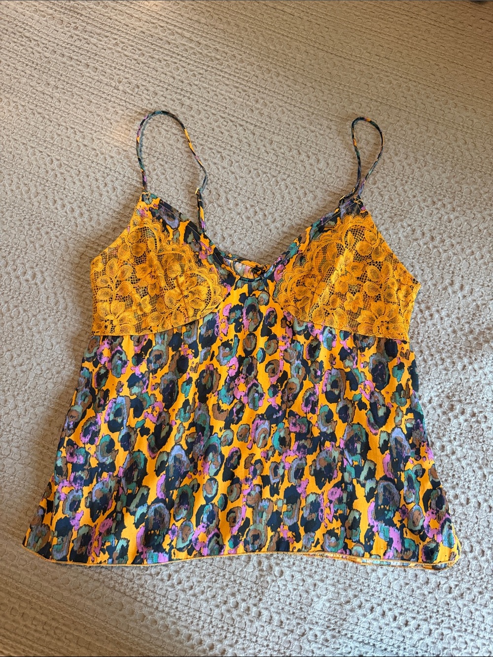 Yellow Floral Lace-Panel Leopard Print Cami